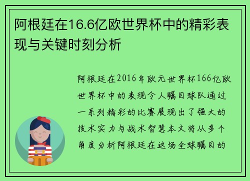 阿根廷在16.6亿欧世界杯中的精彩表现与关键时刻分析