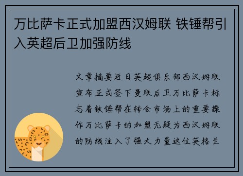 万比萨卡正式加盟西汉姆联 铁锤帮引入英超后卫加强防线 万比萨卡正式加盟西汉姆联 铁锤帮引入英超后卫加强防线