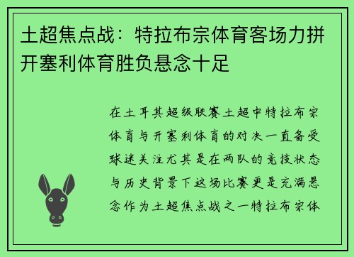 土超焦点战：特拉布宗体育客场力拼开塞利体育胜负悬念十足